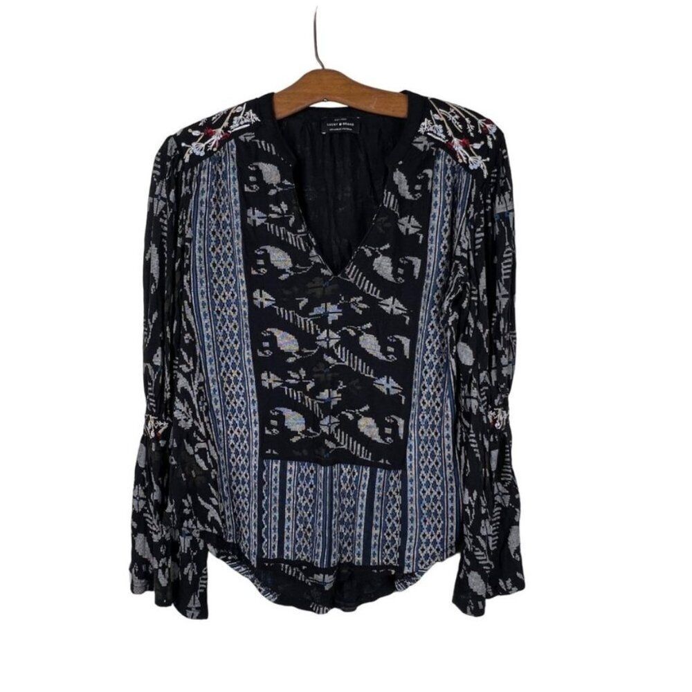 Lucky Brand Blouse Women's SMALL Black Geometric Print Embroidered Boho